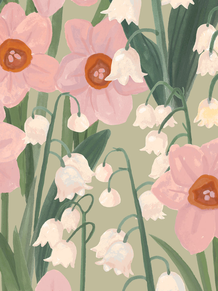 'Daffodil Field' Wallpaper in Green Rose - Detail Close-Up