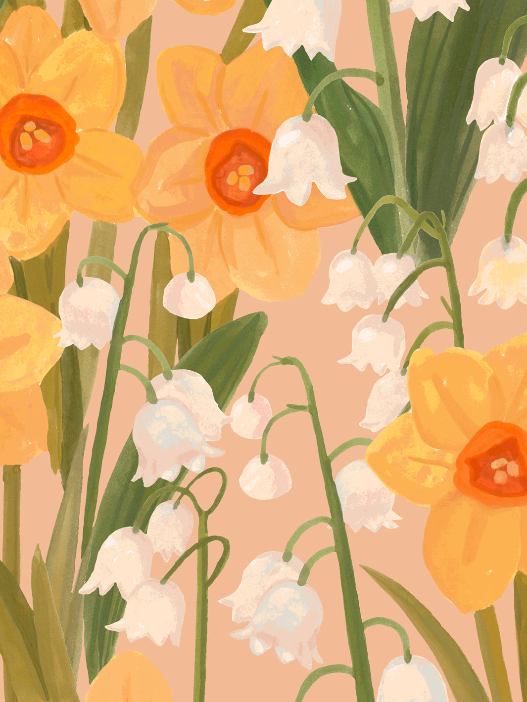 'Daffodil Field' Wallpaper in Peach - Detail Close-Up
