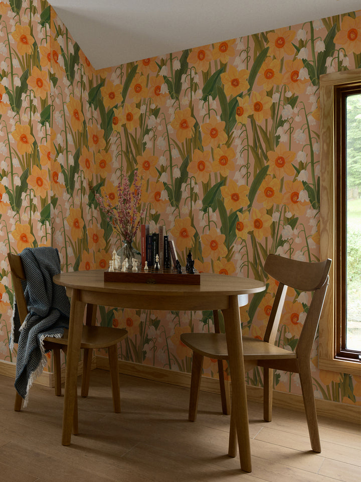 'Daffodil Field' Wallpaper in Peach - Room Scene