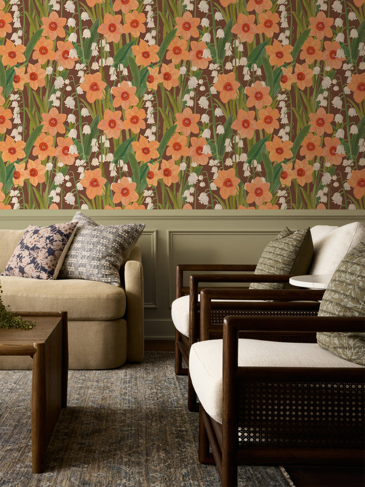 'Daffodil Field' Wallpaper in Terracotta - Room Scene