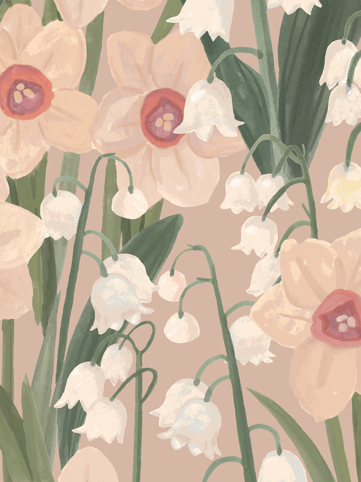 'Daffodil Field' Wallpaper in Vintage Cream - Detail Close-Up