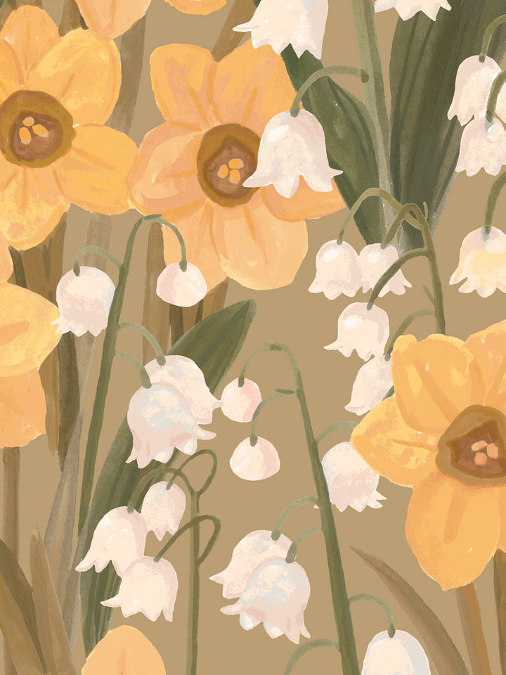 'Daffodil Field' Wallpaper in Vintage Yellow - Detail Close-Up
