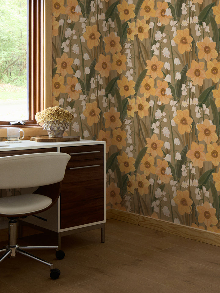'Daffodil Field' Wallpaper in Vintage Yellow - Room Scene