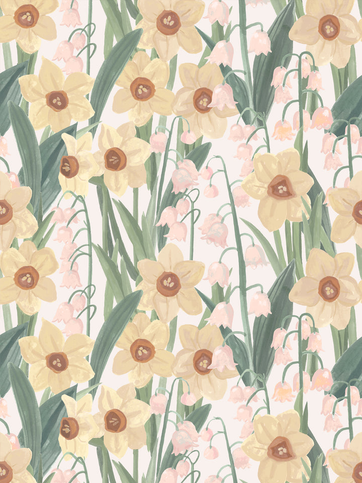 'Daffodil Field' Wallpaper in White Pastel - Design Pattern