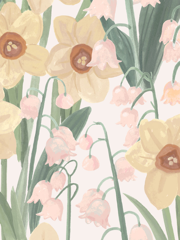 'Daffodil Field' Wallpaper in White Pastel - Detail Close-Up