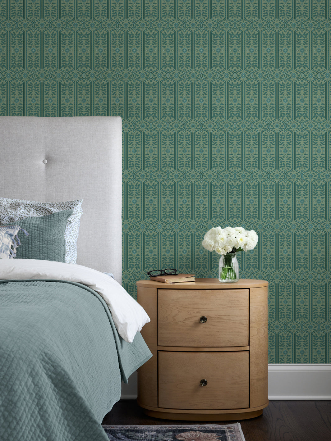 'Delilah' Wallpaper by Wallshoppe - Deep Teal Ivy - Room Shot