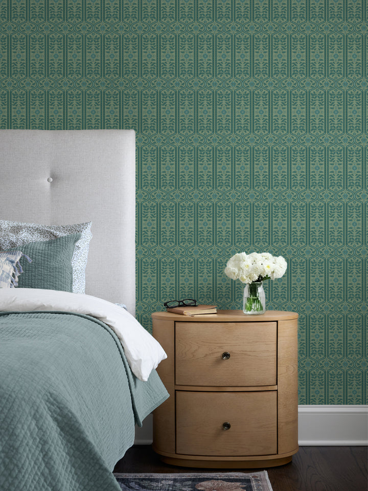 'Delilah' Wallpaper by Wallshoppe - Deep Teal Ivy - Room Shot