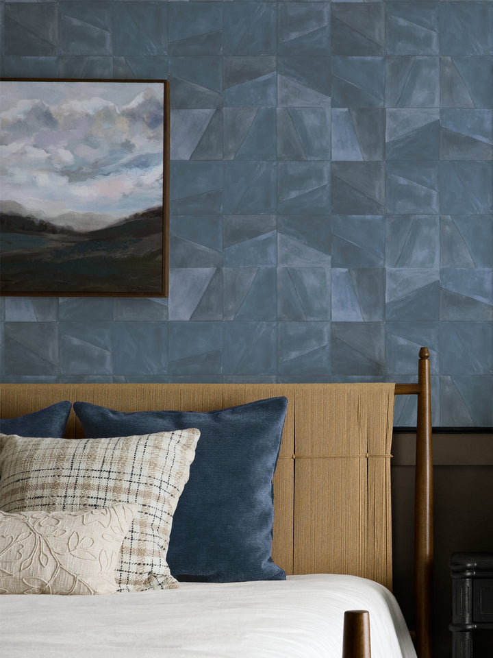 'Desert Clay' Wallpaper in Blue - Room Scene