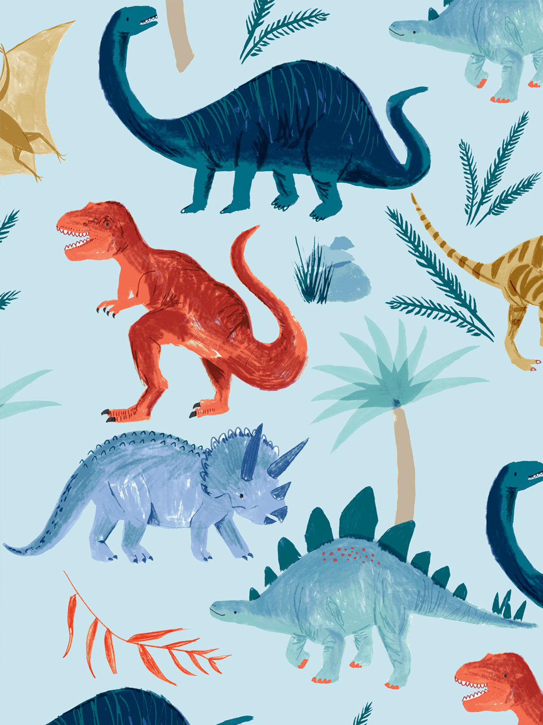 'Dinosaur Kingdom' Wallpaper by Meri Meri - Light Blue