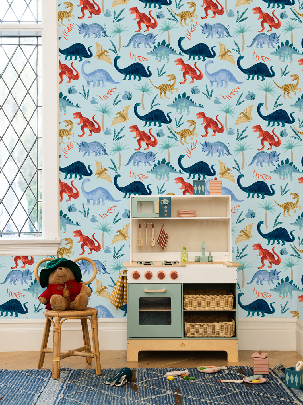 'Dinosaur Kingdom' Wallpaper by Meri Meri - Light Blue