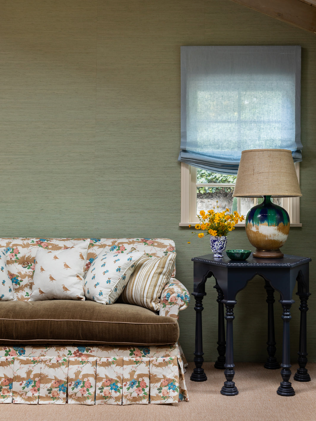 'Dora Chintz' Linen Fabric by Nathan Turner - Saddle Green