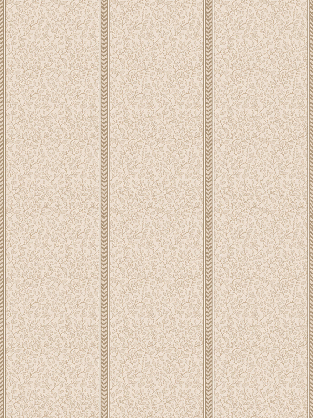 Cream wallpaper with tonal beige leafy vines in vertical panels and tan flamestitch stripes