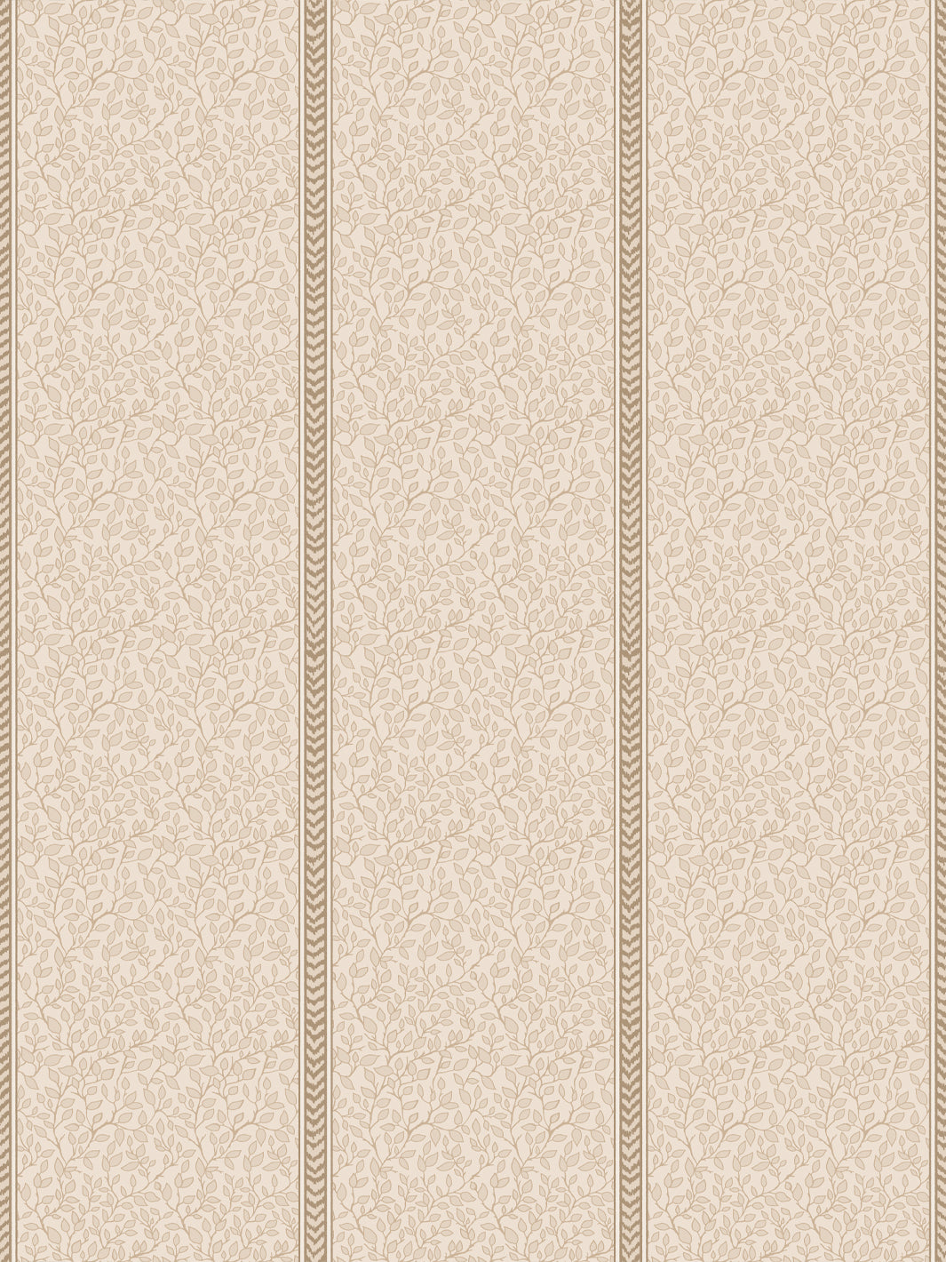 Cream wallpaper with tonal beige leafy vines in vertical panels and tan flamestitch stripes