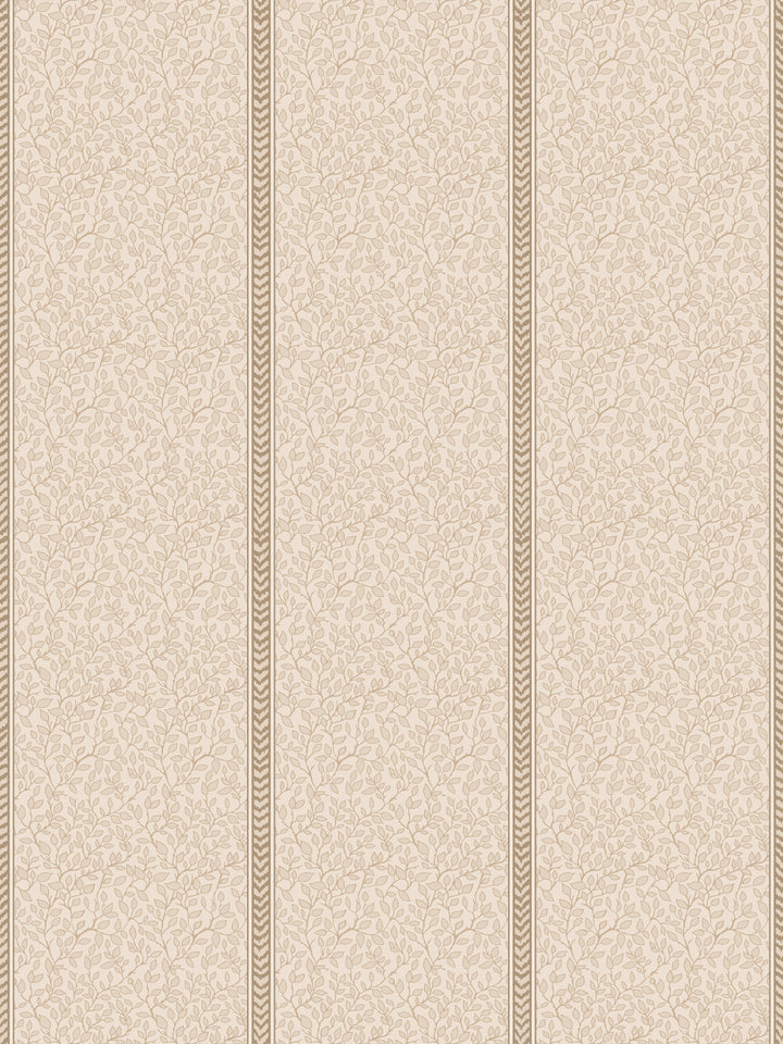 Cream wallpaper with tonal beige leafy vines in vertical panels and tan flamestitch stripes