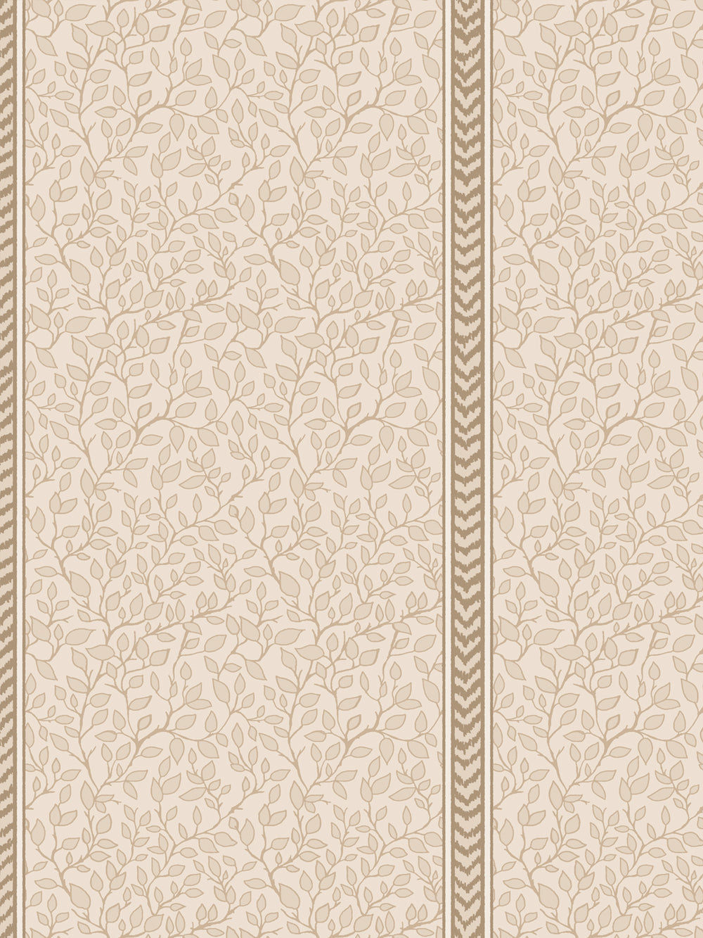 Close crop of soft beige leaf vines beside a tan chevron flamestitch stripe on cream ground