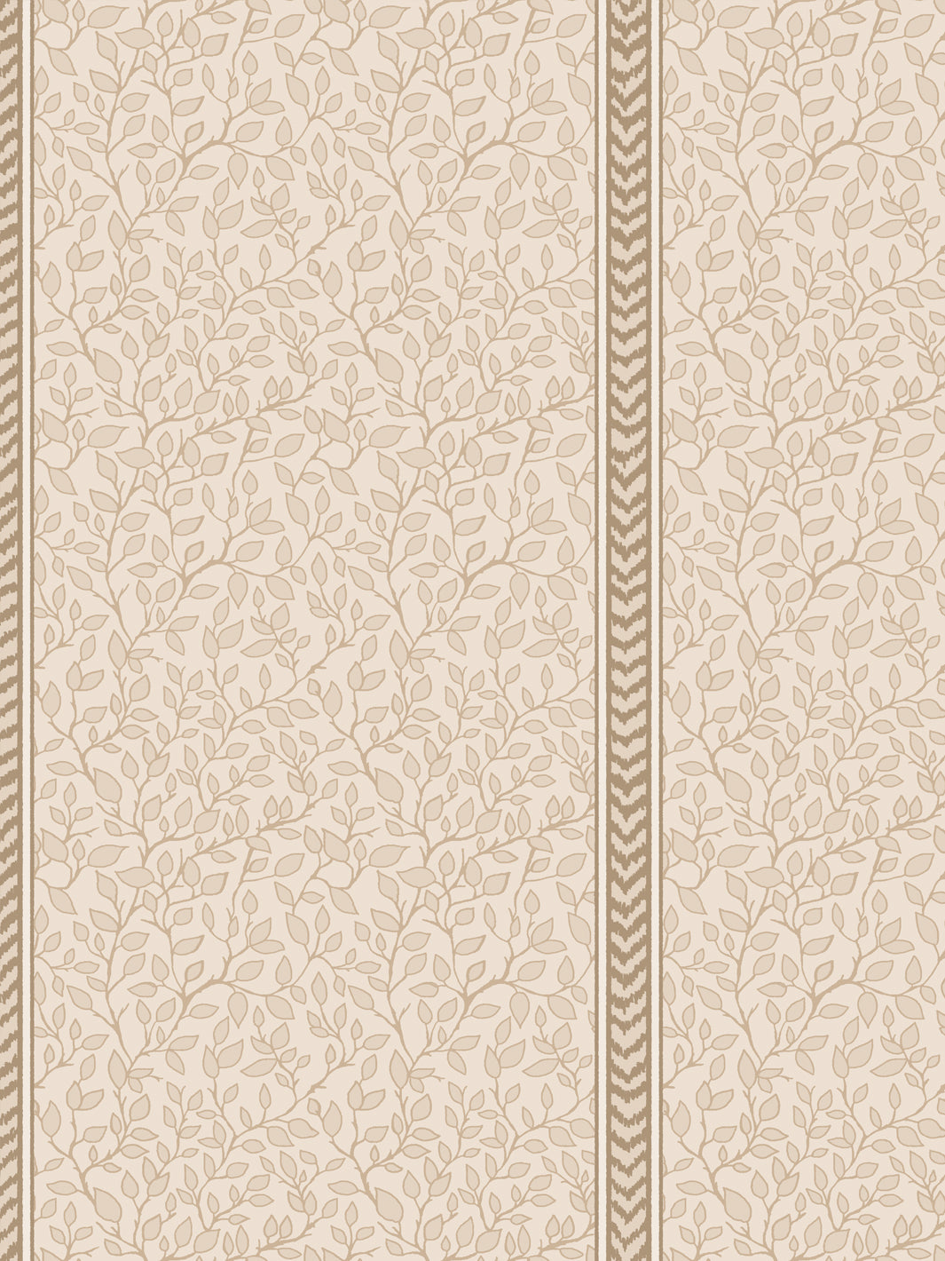 Close crop of soft beige leaf vines beside a tan chevron flamestitch stripe on cream ground