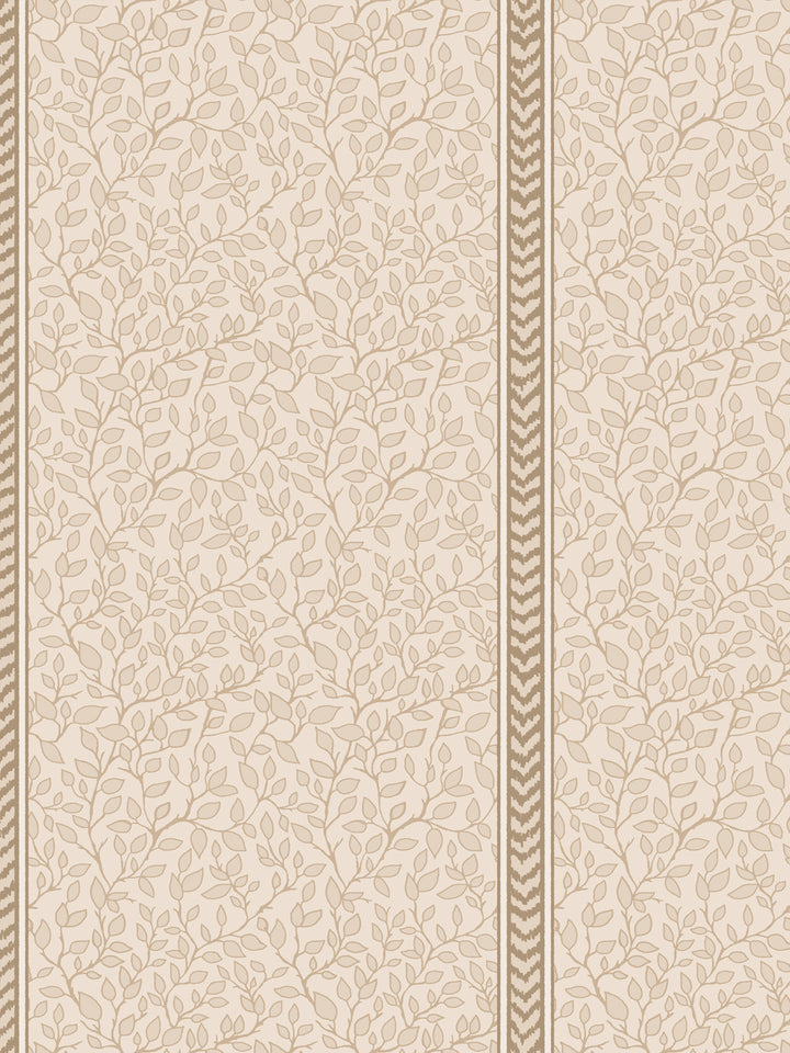Close crop of soft beige leaf vines beside a tan chevron flamestitch stripe on cream ground