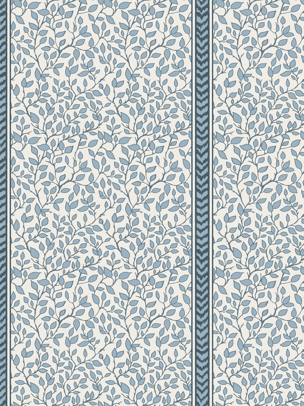 Dusty blue leaves and vines on cream with a slate blue chevron flamestitch border stripe