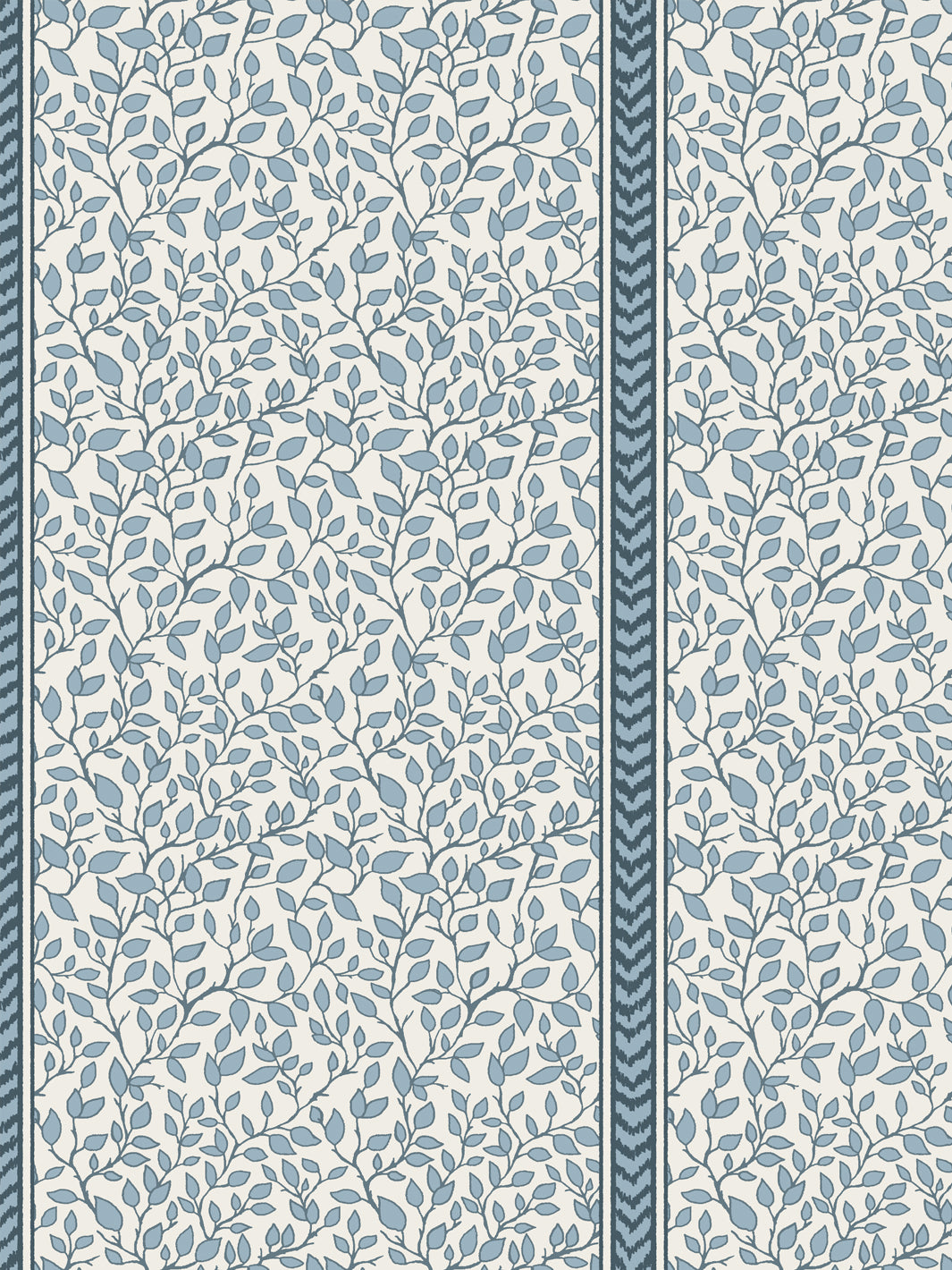 Dusty blue leaves and vines on cream with a slate blue chevron flamestitch border stripe