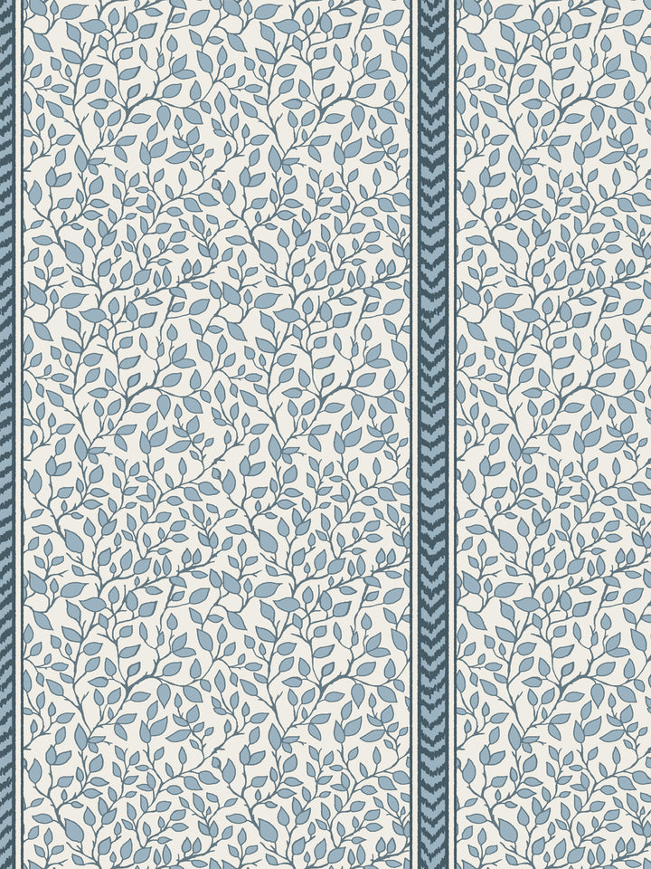 Dusty blue leaves and vines on cream with a slate blue chevron flamestitch border stripe