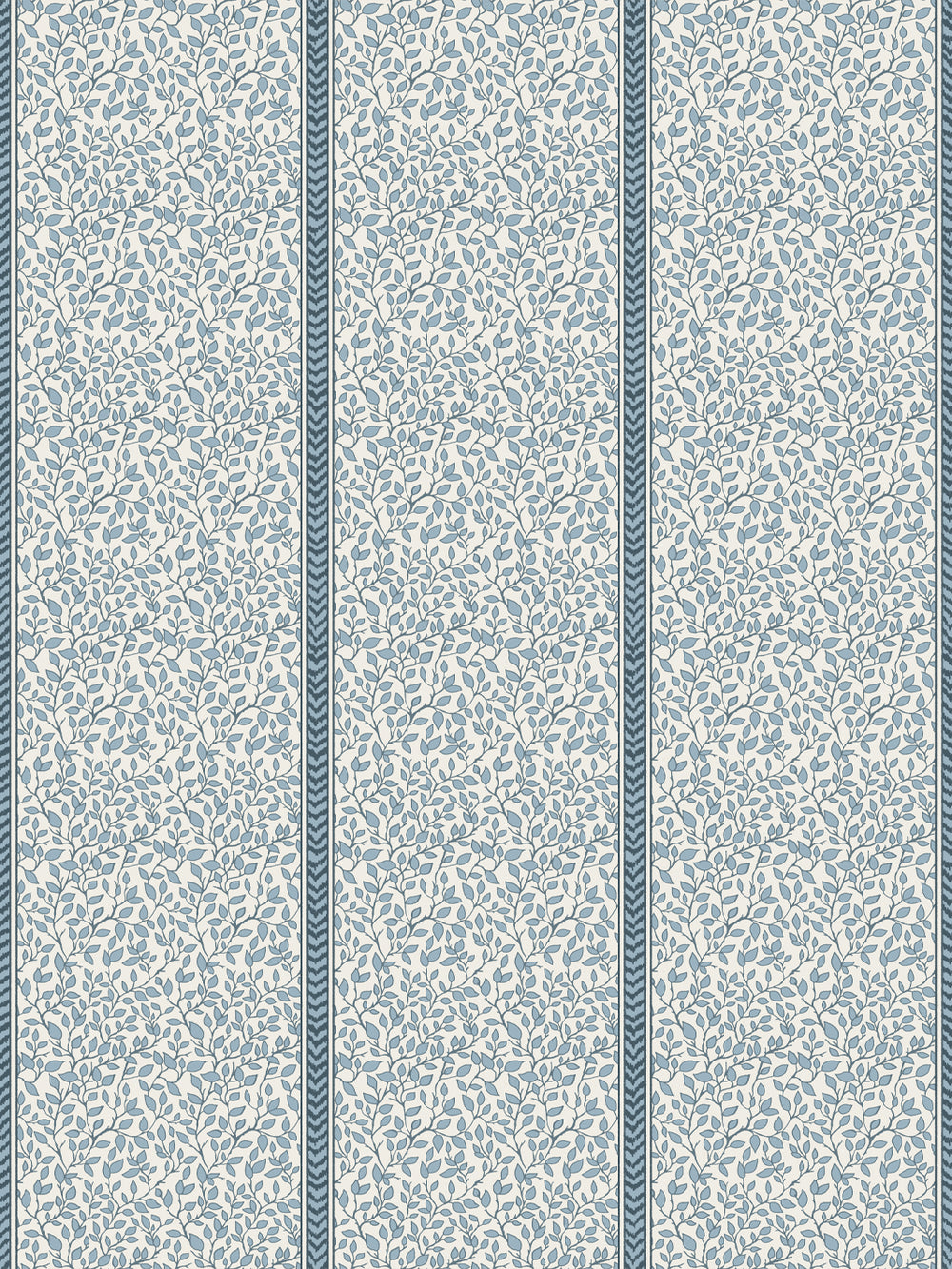 Cream wallpaper with dusty blue trailing leaf vines in panels edged by teal flamestitch stripes
