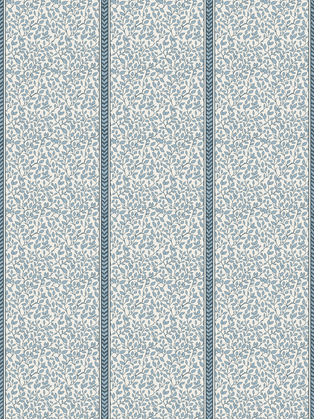 Cream wallpaper with dusty blue trailing leaf vines in panels edged by teal flamestitch stripes