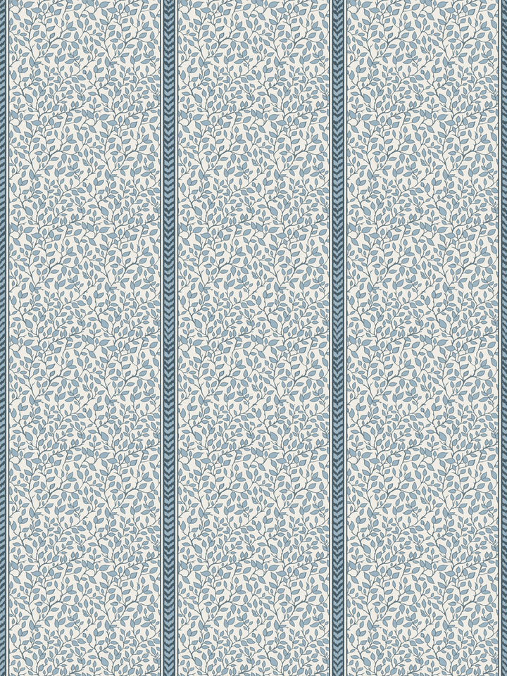 Cream wallpaper with dusty blue trailing leaf vines in panels edged by teal flamestitch stripes