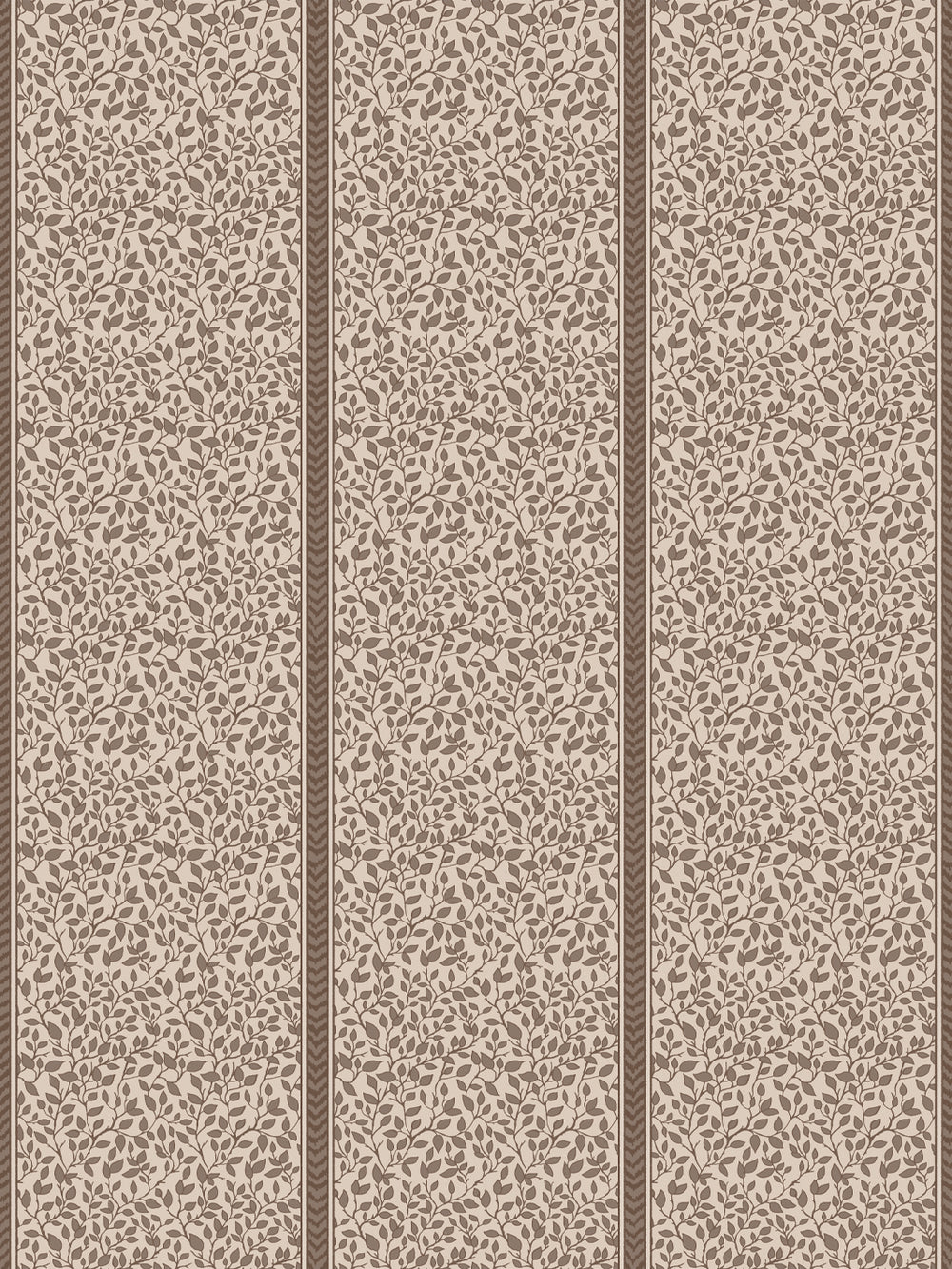 Greige wallpaper with cocoa brown leafy vines in panels split by brown flamestitch stripes