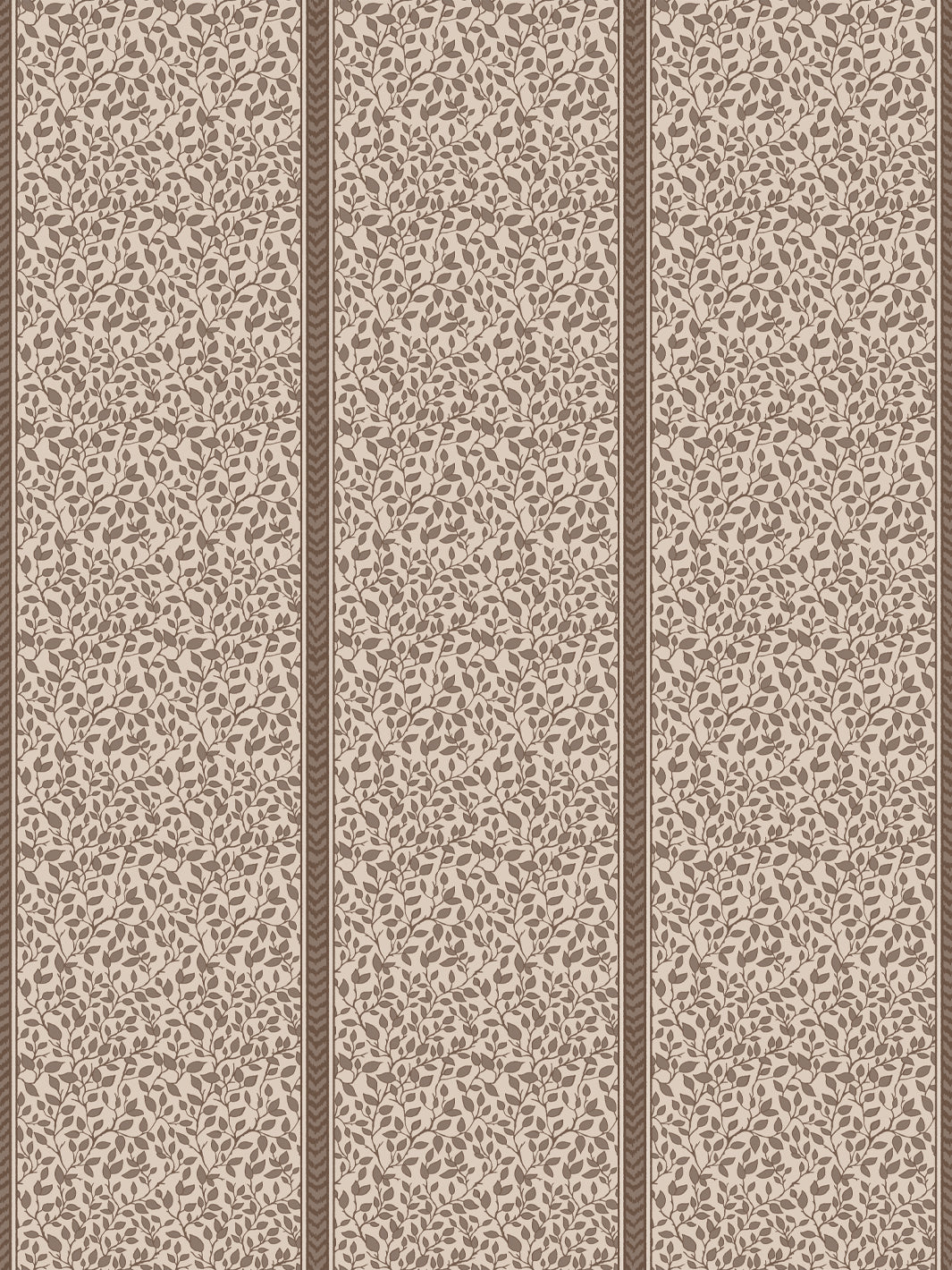 Greige wallpaper with cocoa brown leafy vines in panels split by brown flamestitch stripes