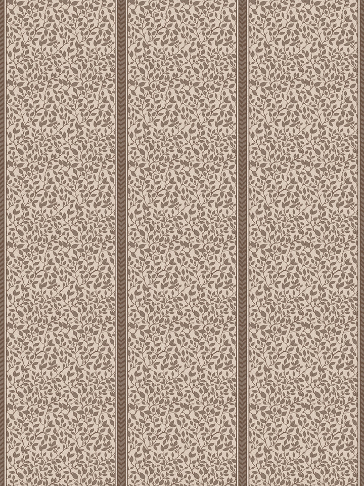Greige wallpaper with cocoa brown leafy vines in panels split by brown flamestitch stripes