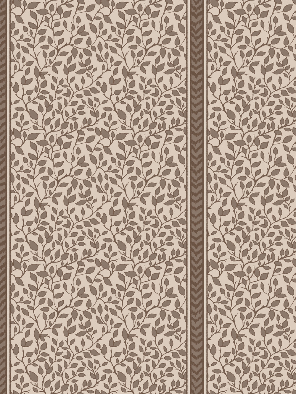 Close crop of dark brown leaf vines and a brown chevron flamestitch stripe on warm greige ground