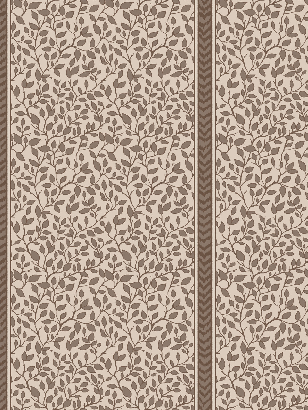 Close crop of dark brown leaf vines and a brown chevron flamestitch stripe on warm greige ground