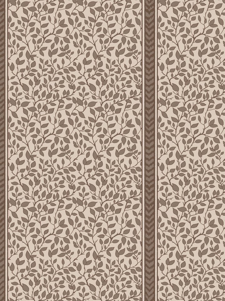 Close crop of dark brown leaf vines and a brown chevron flamestitch stripe on warm greige ground