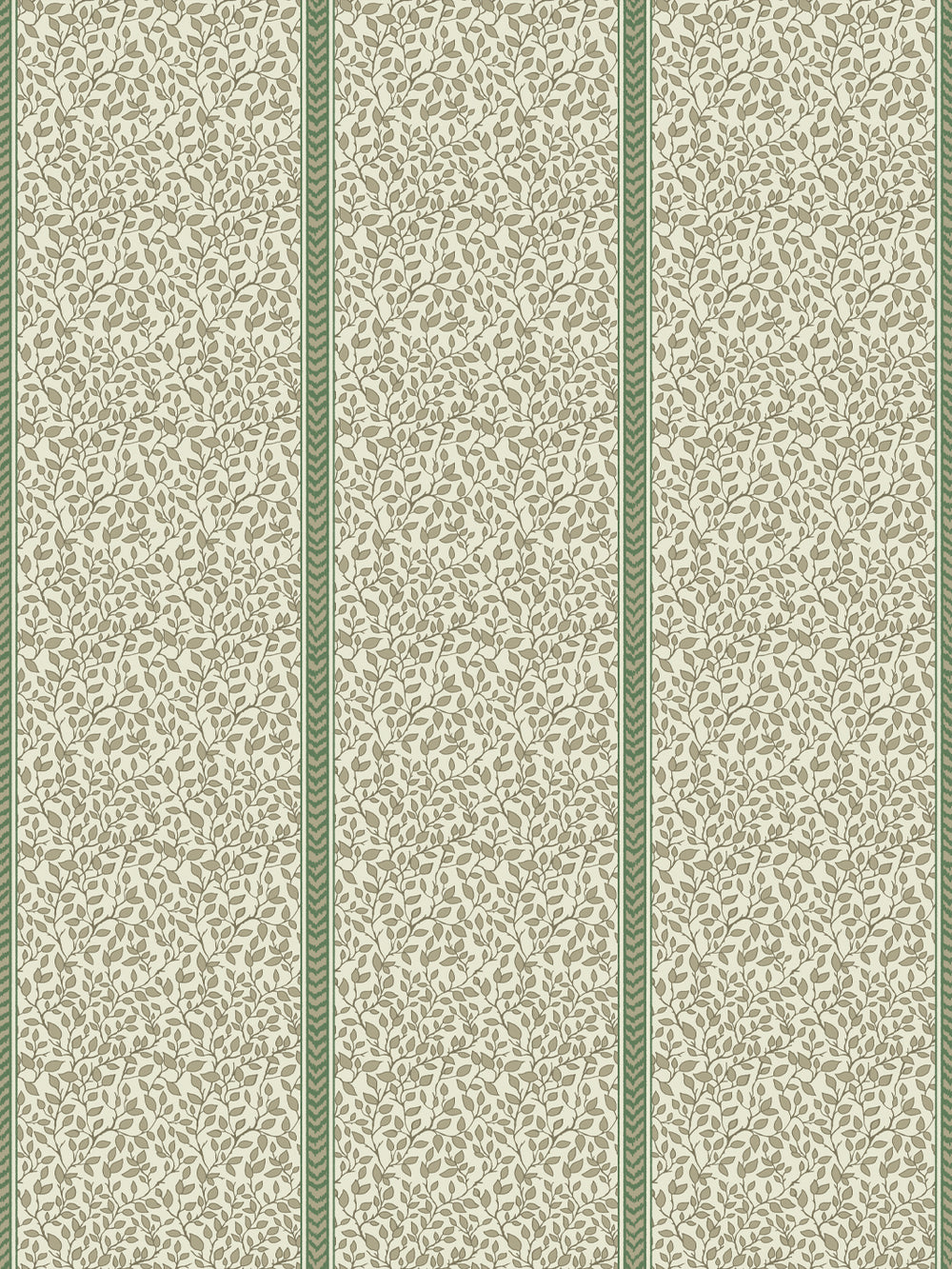 Ivory wallpaper with olive-taupe leaf vines in panels bordered by sage green flamestitch stripes