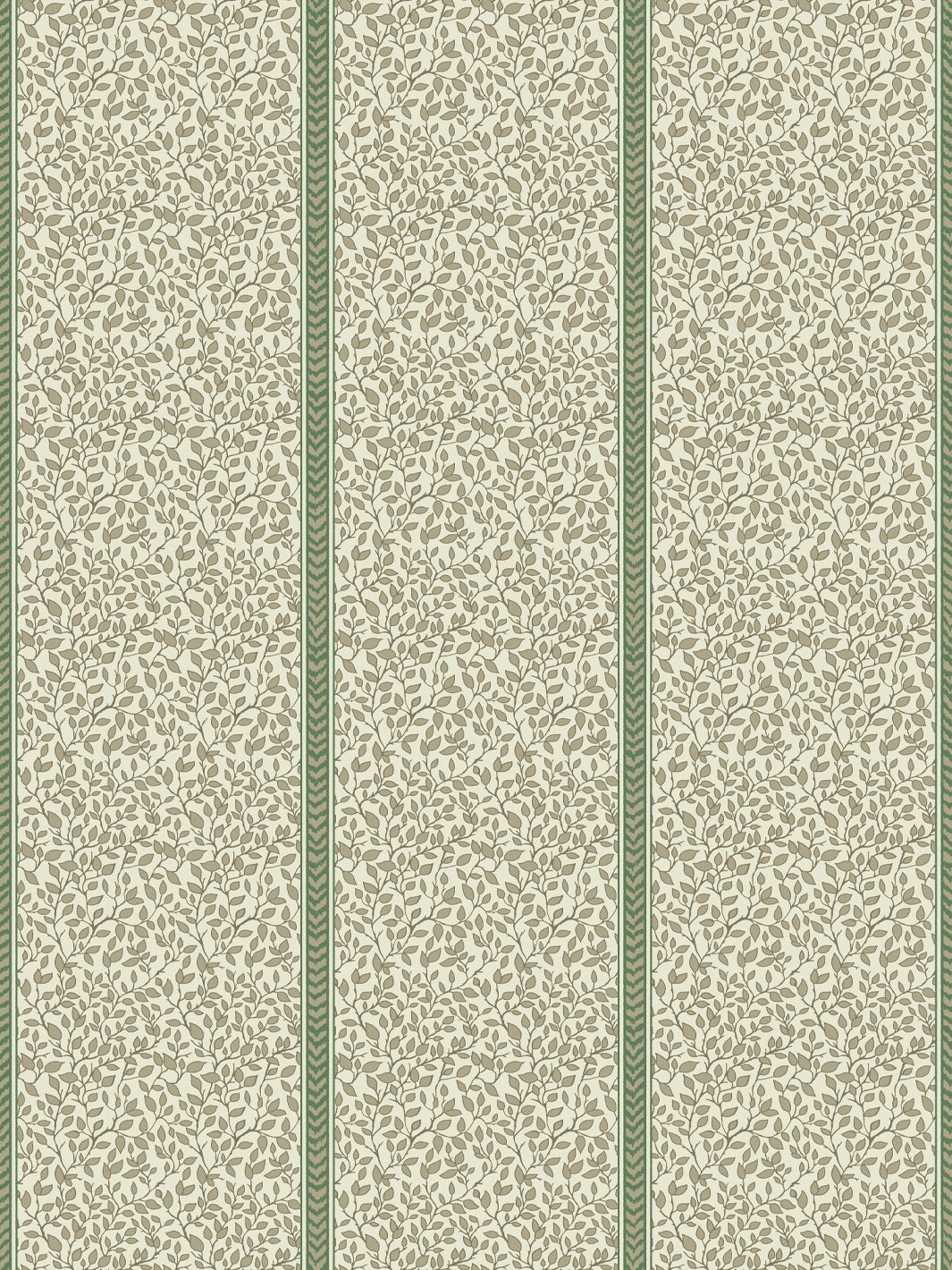 Ivory wallpaper with olive-taupe leaf vines in panels bordered by sage green flamestitch stripes