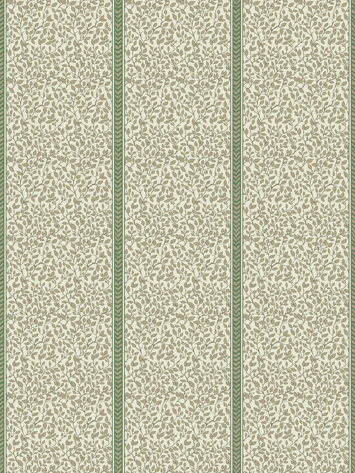 Ivory wallpaper with olive-taupe leaf vines in panels bordered by sage green flamestitch stripes