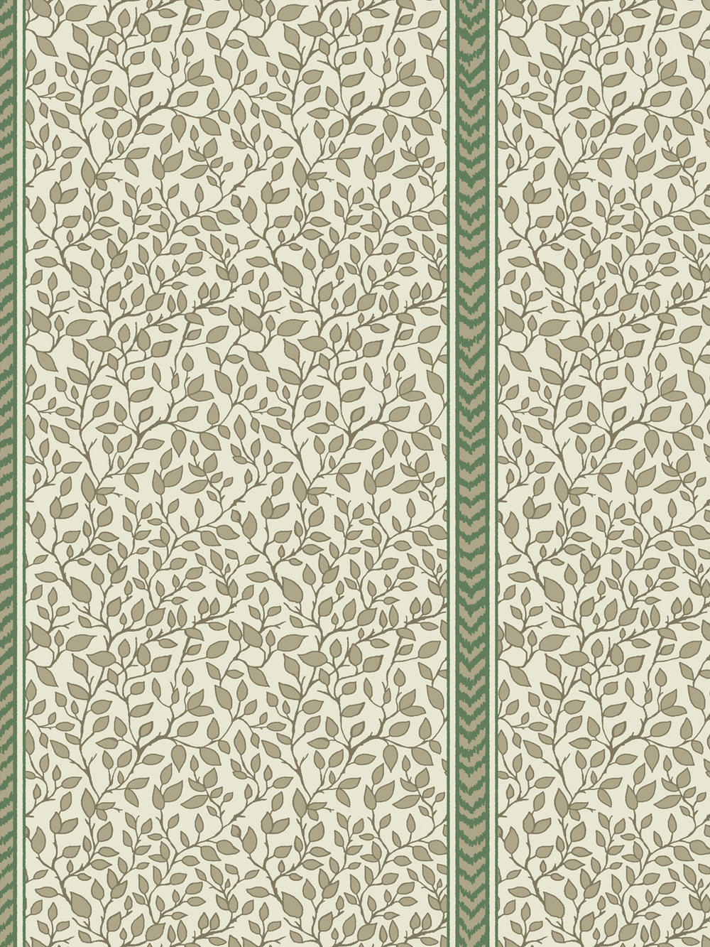 Close crop of khaki leaf vines beside a green chevron flamestitch stripe on ivory ground