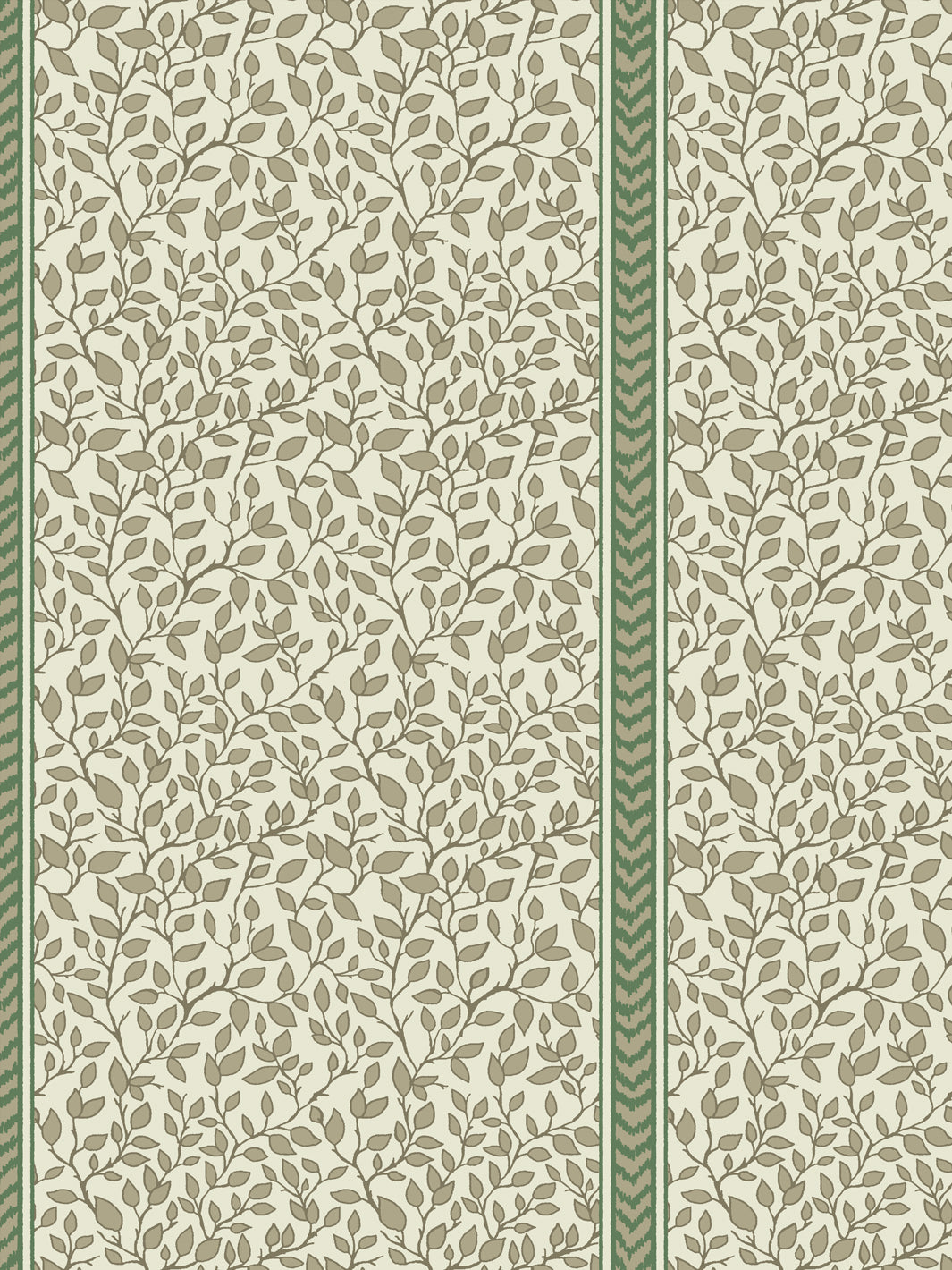 Close crop of khaki leaf vines beside a green chevron flamestitch stripe on ivory ground