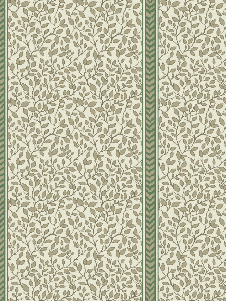 Close crop of khaki leaf vines beside a green chevron flamestitch stripe on ivory ground
