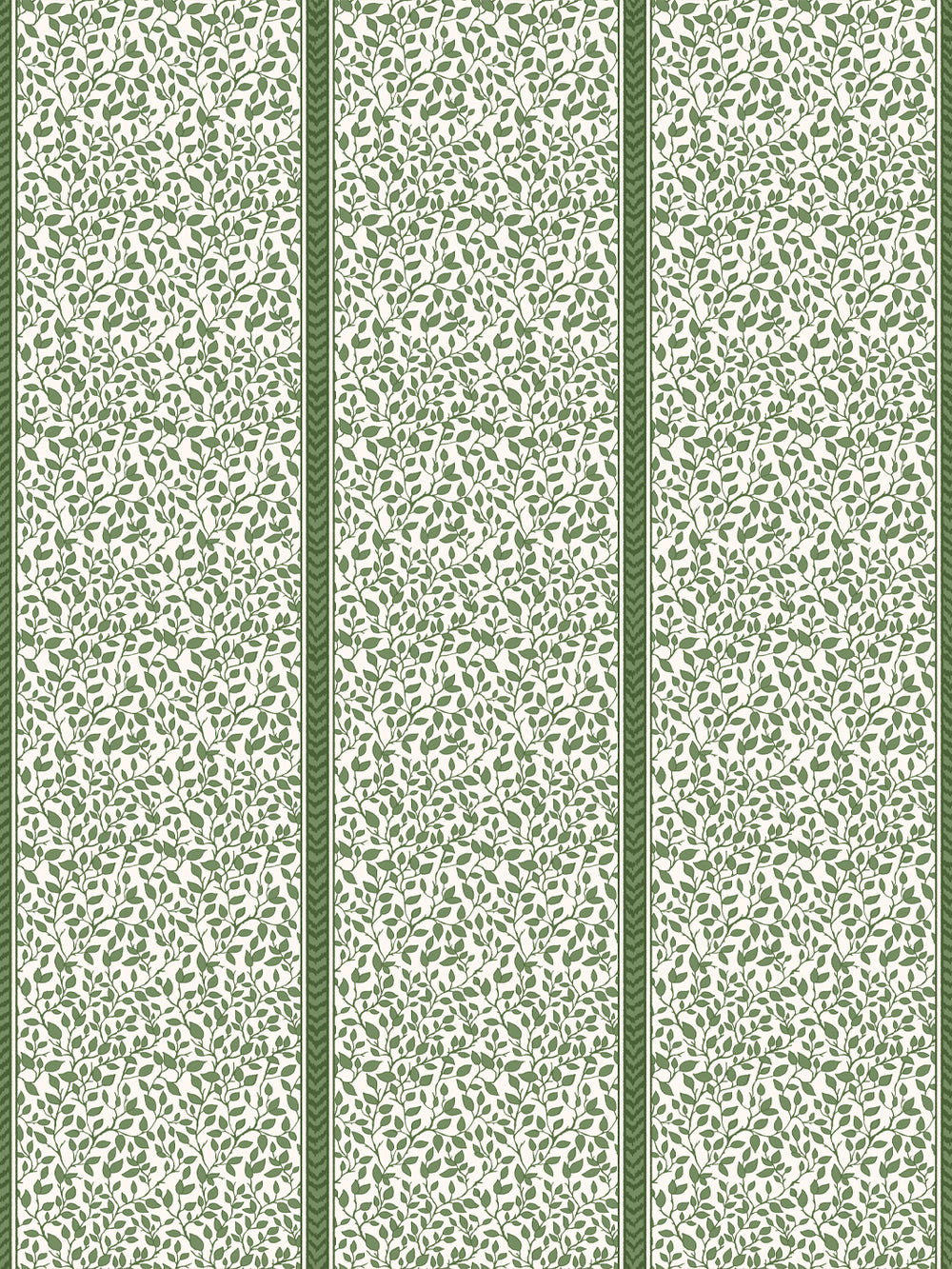 Cream wallpaper with deep green trailing leaf vines in vertical panels divided by flamestitch stripes