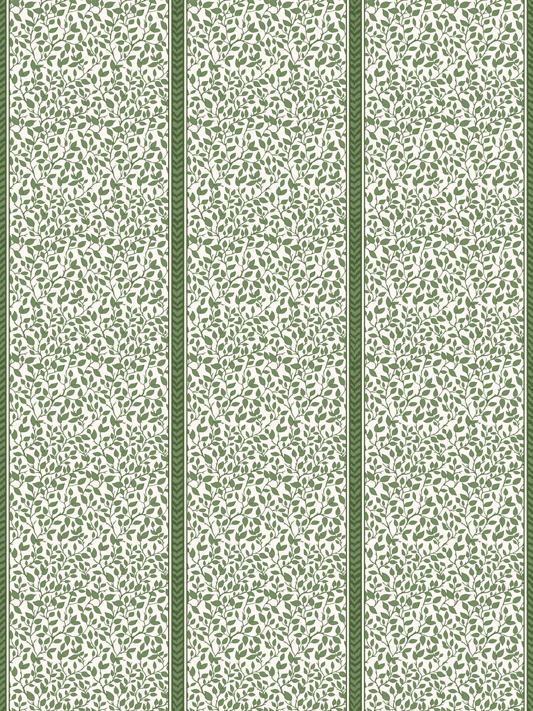 Cream wallpaper with deep green trailing leaf vines in vertical panels divided by flamestitch stripes