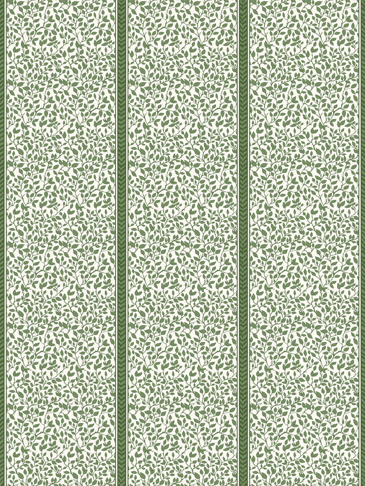 Cream wallpaper with deep green trailing leaf vines in vertical panels divided by flamestitch stripes