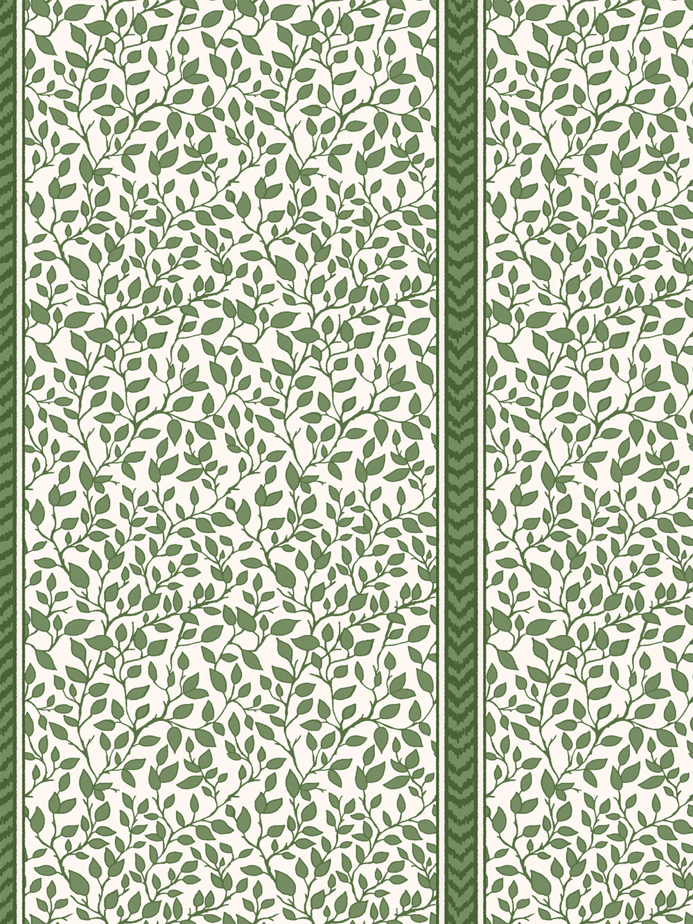 Close-up of green leaf vine wallpaper showing fine stem linework and chevron stripe border