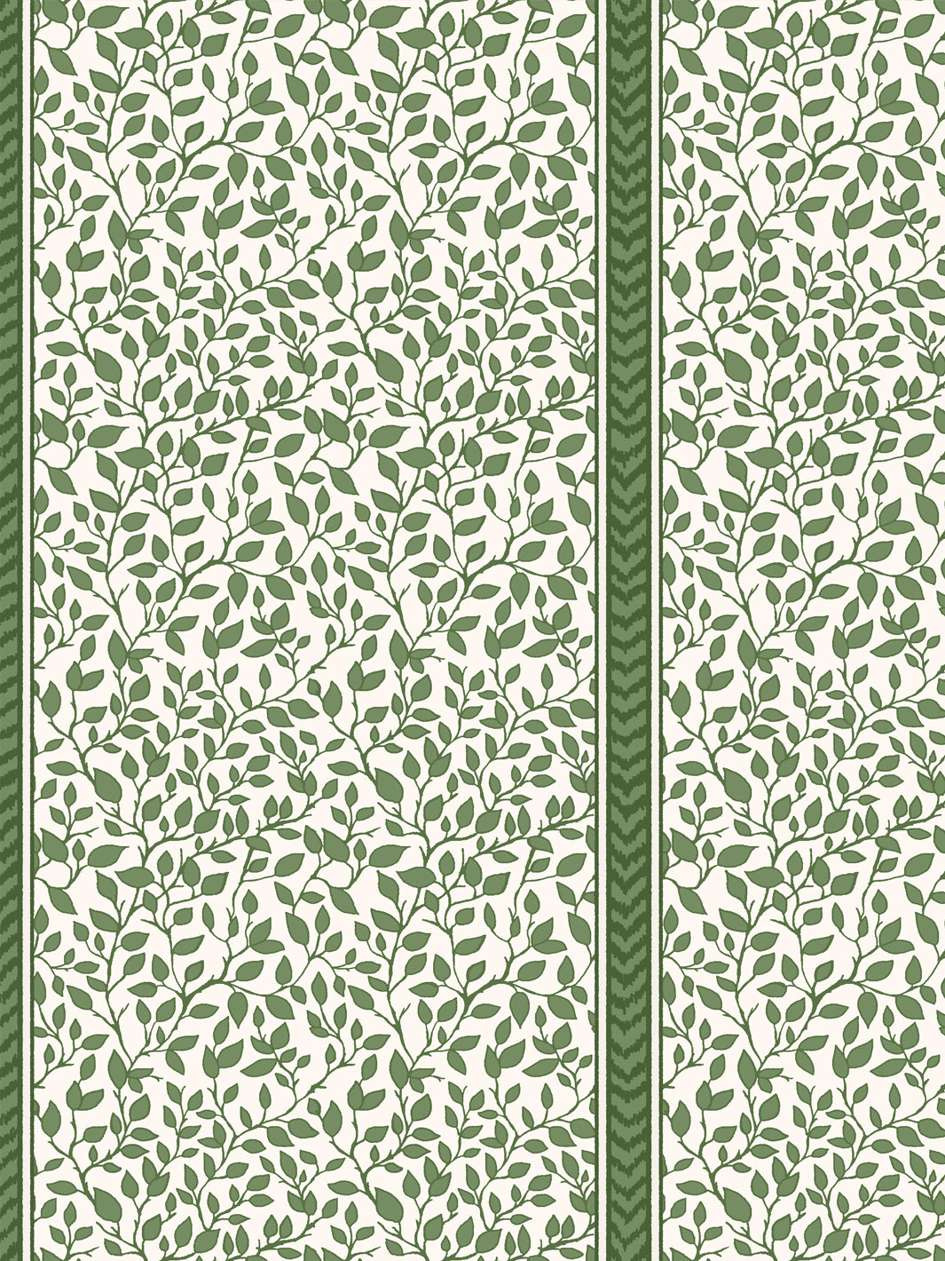 Close-up of green leaf vine wallpaper showing fine stem linework and chevron stripe border