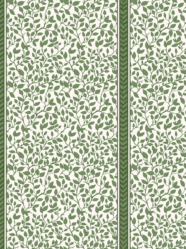 Close-up of green leaf vine wallpaper showing fine stem linework and chevron stripe border