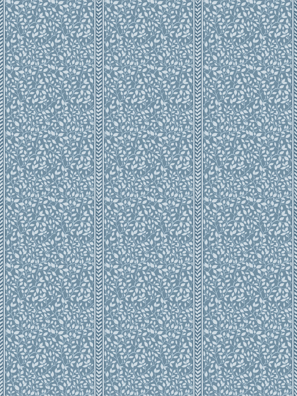Dusty blue wallpaper with pale ice-blue leaf vines in panels edged by navy flamestitch stripes