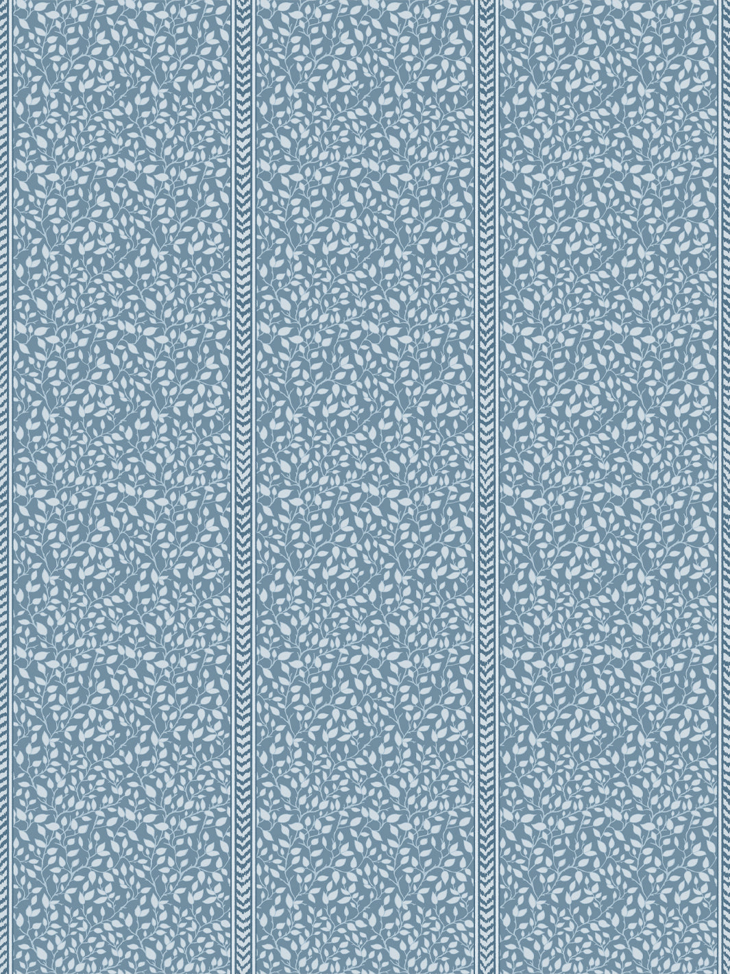 Dusty blue wallpaper with pale ice-blue leaf vines in panels edged by navy flamestitch stripes