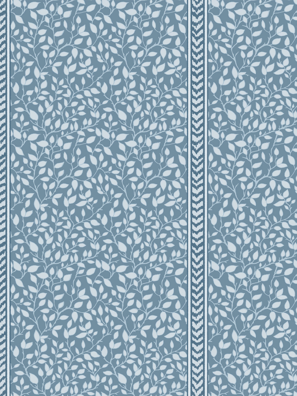 Close crop of light blue leaf vines and a navy chevron flamestitch stripe on dusty blue ground