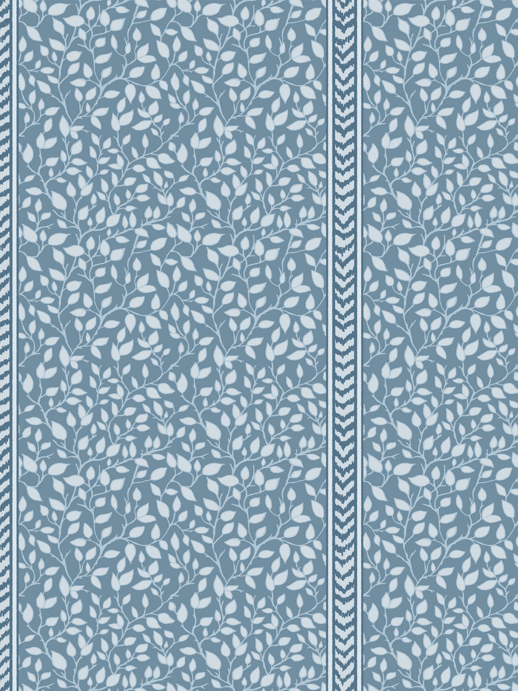 Close crop of light blue leaf vines and a navy chevron flamestitch stripe on dusty blue ground