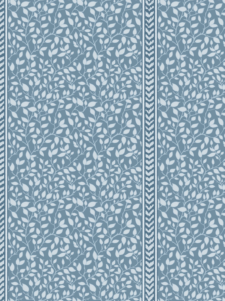 Close crop of light blue leaf vines and a navy chevron flamestitch stripe on dusty blue ground